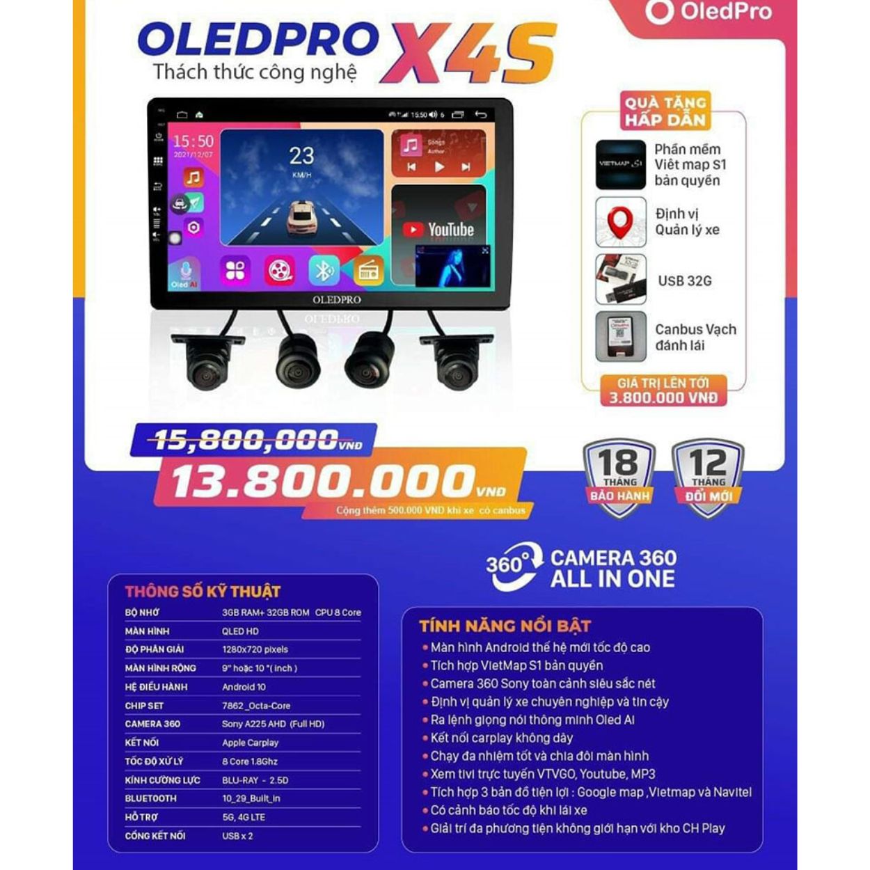 Màn Hình Oled Ô Tô  Liền Camera 360 Oledpro X4S 1